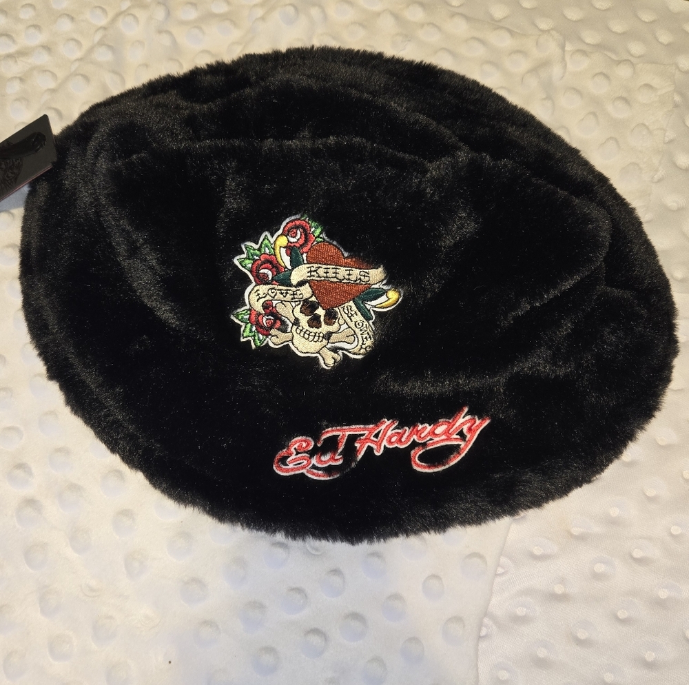 Ed Hardy 'Love Kills Slowly' Tattoo Black Faux Fur Bucket Hat O/S NWT